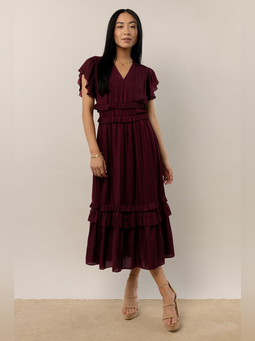 Bohme Burgundy Willa Ruffle Flutter Sleeve Midi Dress